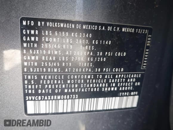 ✅ 2024 Volkswagen Tiguan SE R-Line Black • VIN: 3VVCB7AX8RM068733 • Lot: 43355963. Listed on IAAI with 19,814 mi. Free auction sales archive from the USA and detailed vehicle history report at DreamBid. Image 9.