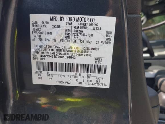 2010 Mercury Mariner z VIN 4M2CN8B79AKJ28843, wystawiony jako IAAI lot #40099437 z przebiegiem 203 467 mil mil oraz . Historia ofert i sprzedaży dostępna na DreamBid. Obrazek 9.