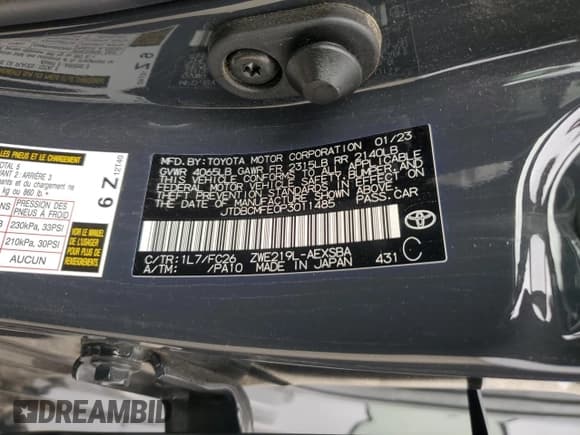 ✅ 2023 Toyota Corolla Hybrid SE Infrared • VIN: JTDBCMFE0P3011485 • Lot: 87095285. Listed on Copart with 25,513 mi. Free auction sales archive from the USA and detailed vehicle history report at DreamBid. Image 12.