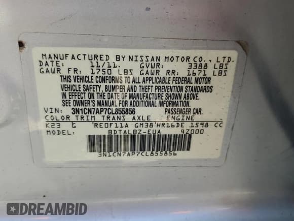 ✅ 2012 Nissan Versa SV • VIN: 3N1CN7AP7CL855856 • Lot: 59097935. Listed on Copart with Not provided. Free auction sales archive from the USA and detailed vehicle history report at DreamBid. Image 12.