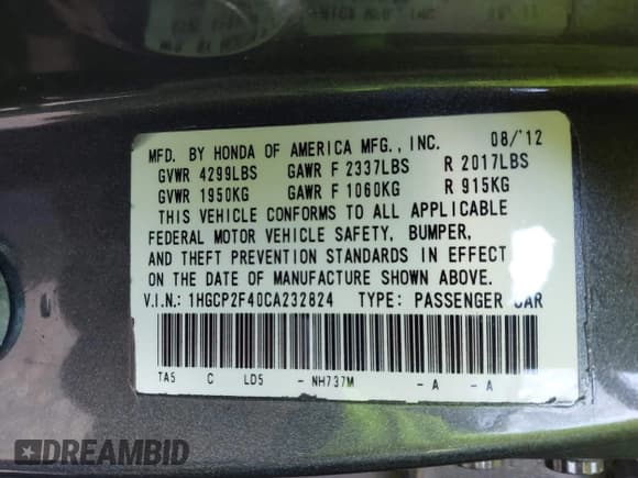 ✅ 2012 Honda Accord LX Premium • VIN: 1HGCP2F40CA232824 • Lot: 43596809. Wystawiony na IAAI z przebiegiem 113 849 mil. Bezpłatny archiwum sprzedaży aukcyjnych z USA i szczegółowy raport historii pojazdu na DreamBid. Zdjęcie 9.