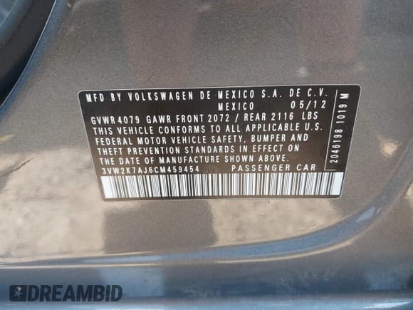 ✅ 2012 Volkswagen Jetta S • VIN: 3VW2K7AJ6CM459454 • Lot: 43163315. Listed on IAAI with 171,133 mi. Free auction sales archive from the USA and detailed vehicle history report at DreamBid. Image 9.