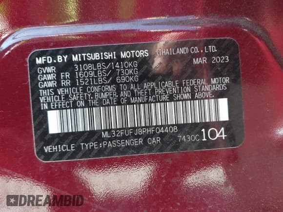 ✅ 2023 Mitsubishi Mirage ES • VIN: ML32FUFJ8PHF04408 • Лот: 40208572. Опубликован ранее на IAAI с пробегом 16 030 миль. Бесплатный доступ к архиву аукционных продаж из США и подробный отчёт об истории автомобиля на DreamBid. Изображение 9.