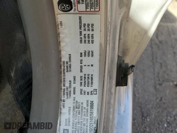 ✅ 2005 Chevrolet Colorado LS Z85 • VIN: 1GCCS148258198604 • Lot: 56785065. Listed on Copart with 211,115 mi. Free auction sales archive from the USA and detailed vehicle history report at DreamBid. Image 12.