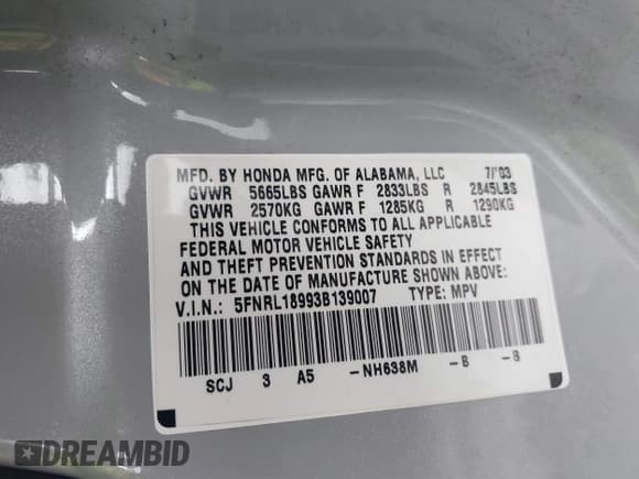 ✅ 2003 Honda Odyssey EX-L • VIN: 5FNRL18993B139007 • Lot: 43738713. Wystawiony na IAAI z przebiegiem 189 808 mil. Bezpłatny archiwum sprzedaży aukcyjnych z USA i szczegółowy raport historii pojazdu na DreamBid. Zdjęcie 9.