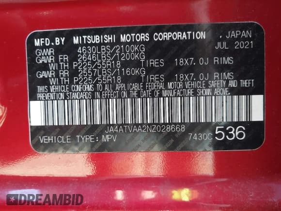 ✅ 2022 Mitsubishi Eclipse Cross LE • VIN: JA4ATVAA2NZ028668 • Lot: 42002943. Listed on IAAI with 77,067 mi. Free auction sales archive from the USA and detailed vehicle history report at DreamBid. Image 9.