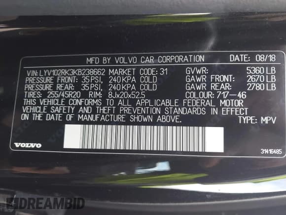 ✅ 2019 Volvo XC60 Momentum • VIN: LYV102RK3KB238662 • Lot: 41052024. Listed on IAAI with 58,673 mi. Free auction sales archive from the USA and detailed vehicle history report at DreamBid. Image 9.