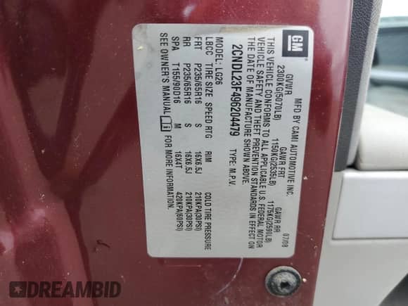 ✅ 2009 Chevrolet Equinox LS • VIN: 2CNDL23F496204479 • Лот: 75109044. Опубликован ранее на Copart с пробегом Не указан. Бесплатный доступ к архиву аукционных продаж из США и подробный отчёт об истории автомобиля на DreamBid. Изображение 13.