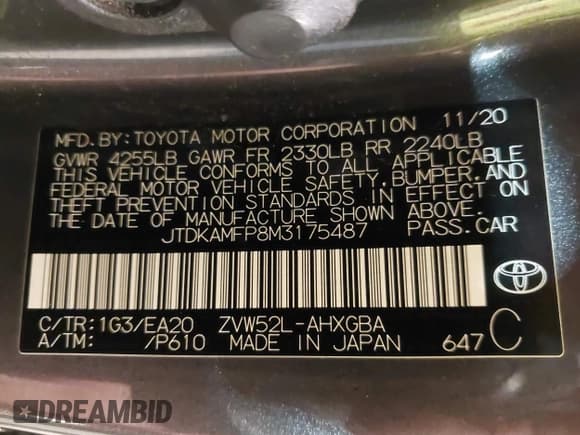 ✅ 2021 Toyota Prius LE • VIN: JTDKAMFP8M3175487 • Lot: 42176936. Listed on IAAI with 78,153 mi. Free auction sales archive from the USA and detailed vehicle history report at DreamBid. Image 9.