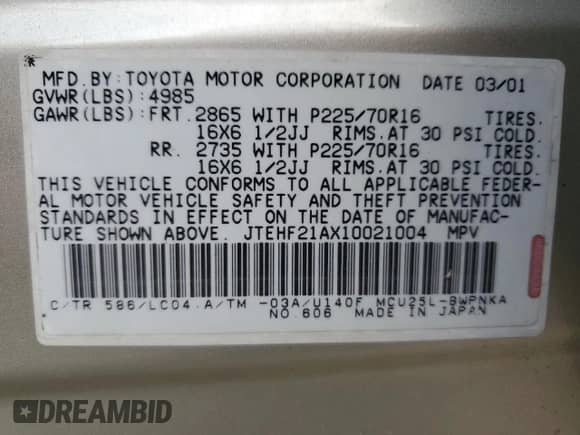 2001 Toyota Highlander с VIN JTEHF21AX10021004, выставлен на аукционе Copart как лот 84956465 с пробегом 236 127 миль миль и Чистый • Clean title. История ставок и продаж доступна на DreamBid. Изображение 13.