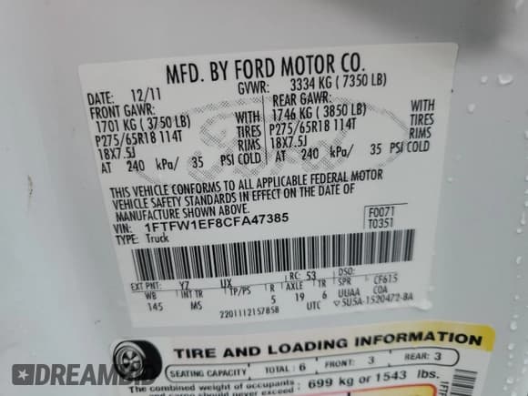 ✅ 2012 Ford F-150 XL • VIN: 1FTFW1EF8CFA47385 • Lot: 54059614. Listed on Copart with 95,599 mi. Free auction sales archive from the USA and detailed vehicle history report at DreamBid. Image 12.