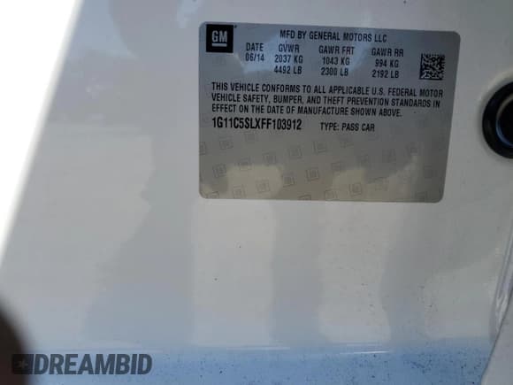 ✅ 2015 Chevrolet Malibu LT • VIN: 1G11C5SLXFF103912 • Lot: 84558535. Listed on Copart with 112,483 mi. Free auction sales archive from the USA and detailed vehicle history report at DreamBid. Image 14.