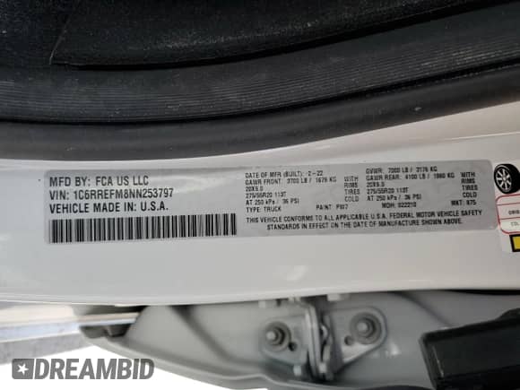 2022 Ram 1500 Lone Star с VIN 1C6RREFM8NN253797, выставлен на аукционе Copart как лот 71317914 с пробегом 79 615 миль миль и Списание • Salvage title. История ставок и продаж доступна на DreamBid. Изображение 13.