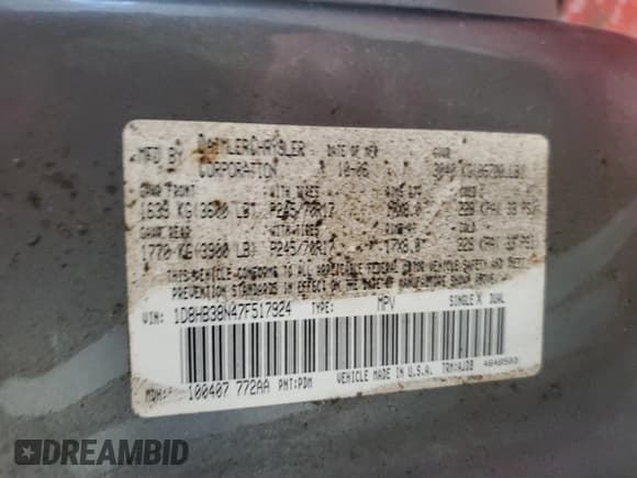 ✅ 2007 Dodge Durango • VIN: 1D8HB38N47F517924 • Лот: 88907635. Опубликован ранее на Copart с пробегом 168 412 миль. Бесплатный доступ к архиву аукционных продаж из США и подробный отчёт об истории автомобиля на DreamBid. Изображение 13.