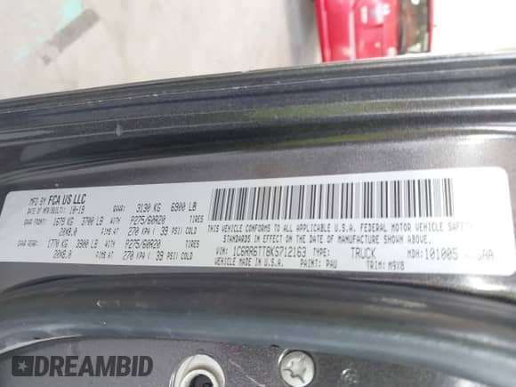 2019 Ram 1500 Big Horn with VIN 1C6RR6TT8KS712163, listed as a IAAI auction lot 43054785 with 134,018 mi miles and . Bid and sale history available at DreamBid. Image 9.
