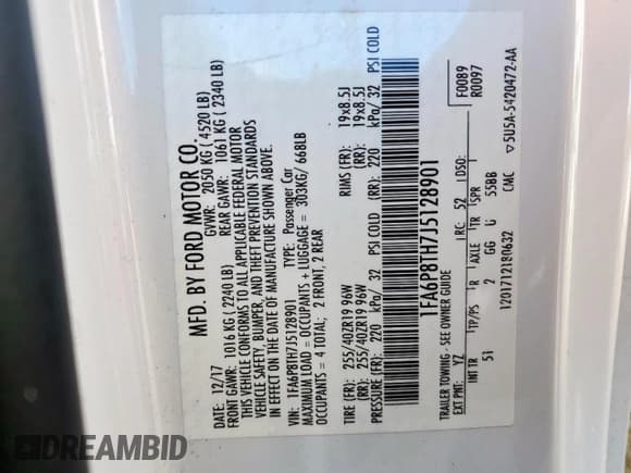 ✅ 2018 Ford Mustang EcoBoost • VIN: 1FA6P8TH7J5128901 • Lot: 81086665. Listed on Copart with 94,756 mi. Free auction sales archive from the USA and detailed vehicle history report at DreamBid. Image 13.