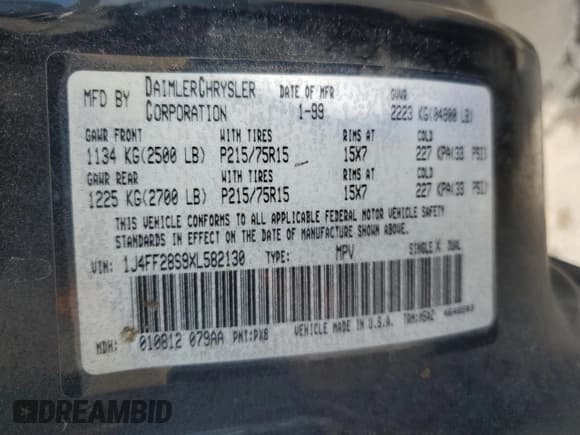 ✅ 1999 Jeep Cherokee SE • VIN: 1J4FF28S9XL582130 • Lot: 65330965. Listed on Copart with 171,374 mi. Free auction sales archive from the USA and detailed vehicle history report at DreamBid. Image 13.