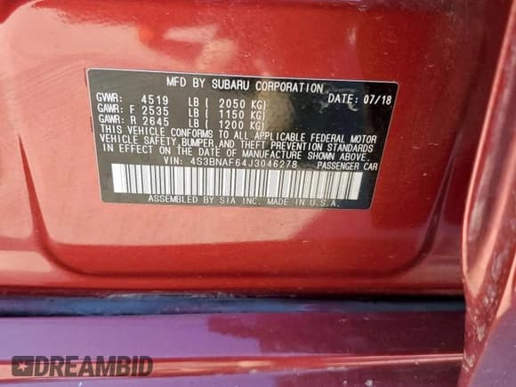 ✅ 2018 Subaru Legacy Premium • VIN: 4S3BNAF64J3046278 • Лот: 84474695. Опубликован ранее на Copart с пробегом 66 594 миль. Бесплатный доступ к архиву аукционных продаж из США и подробный отчёт об истории автомобиля на DreamBid. Изображение 13.