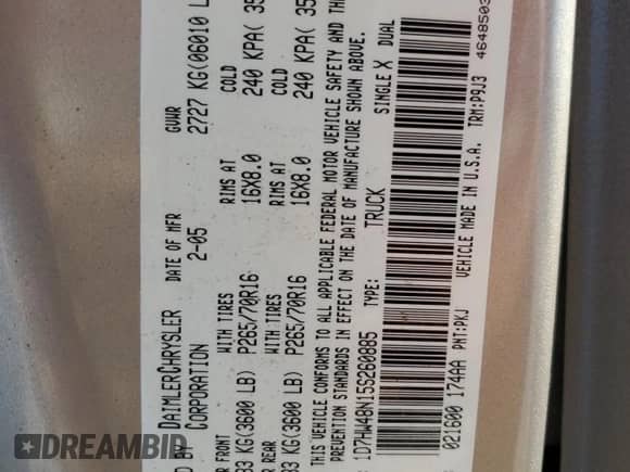 2005 Dodge Dakota SLT with VIN 1D7HW48N15S260885, listed as a Copart auction lot 71652084 with 189,214 mi miles and Salvage title. Bid and sale history available at DreamBid. Image 12.