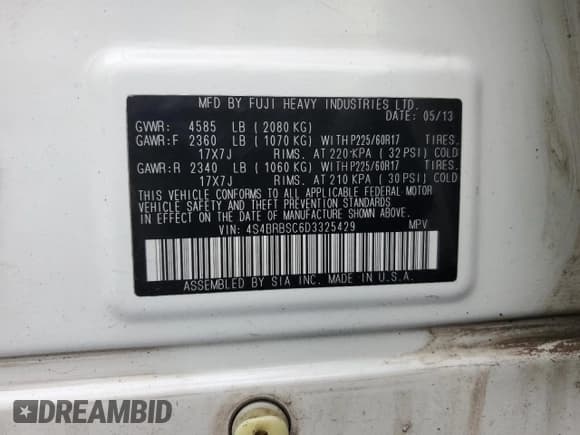 ✅ 2013 Subaru Outback Limited • VIN: 4S4BRBSC6D3325429 • Lot: 84004915. Listed on Copart with 91,066 mi. Free auction sales archive from the USA and detailed vehicle history report at DreamBid. Image 12.