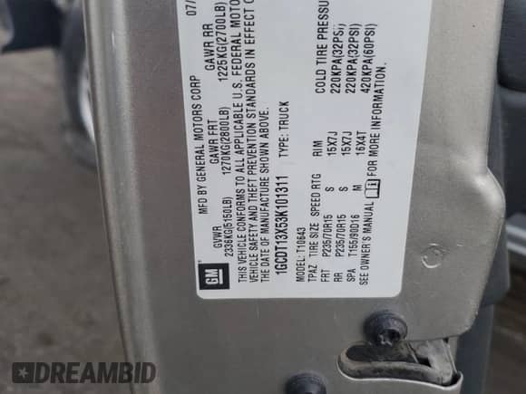 2003 Chevrolet S-10 LS with VIN 1GCDT13X53K101311, listed as a Copart auction lot 71464794 with 114,944 mi miles and Salvage title. Bid and sale history available at DreamBid. Image 12.