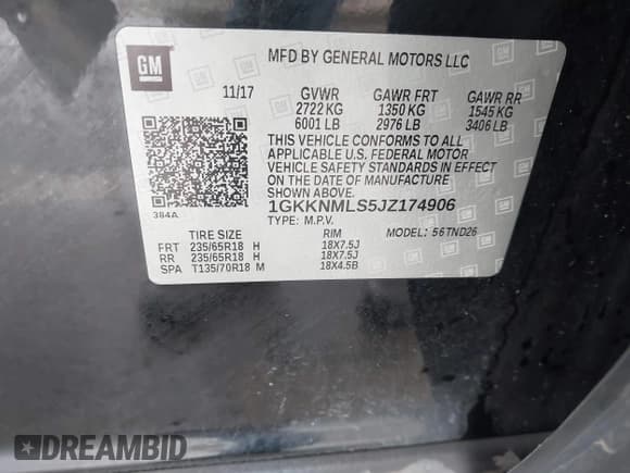 ✅ 2018 GMC Acadia SLT • VIN: 1GKKNMLS5JZ174906 • Lot: 42436700. Listed on IAAI with 178,261 mi. Free auction sales archive from the USA and detailed vehicle history report at DreamBid. Image 9.