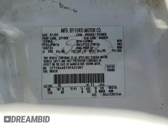 ✅ 2005 Ford Ranger XLT • VIN: 1FTYR44E75PA51001 • Lot: 49410335. Wystawiony na Copart z przebiegiem 163 511 mil. Bezpłatny archiwum sprzedaży aukcyjnych z USA i szczegółowy raport historii pojazdu na DreamBid. Zdjęcie 13.