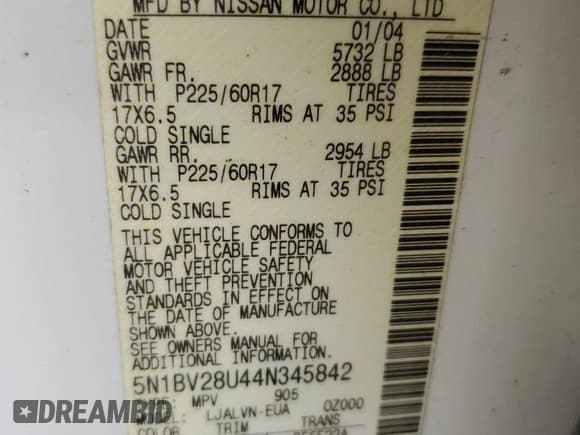 ✅ 2004 Nissan Quest S • VIN: 5N1BV28U44N345842 • Lot: 60764334. Wystawiony na Copart z przebiegiem Nie podano. Bezpłatny archiwum sprzedaży aukcyjnych z USA i szczegółowy raport historii pojazdu na DreamBid. Zdjęcie 13.