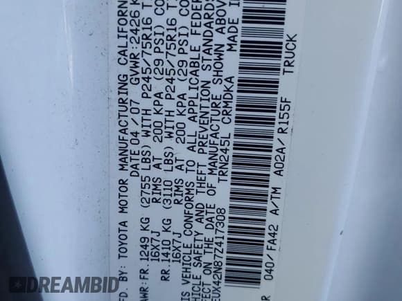 ✅ 2007 Toyota Tacoma • VIN: 5TEUX42N87Z417308 • Lot: 91482045. Wystawiony na Copart z przebiegiem 166 695 mil. Bezpłatny archiwum sprzedaży aukcyjnych z USA i szczegółowy raport historii pojazdu na DreamBid. Zdjęcie 12.