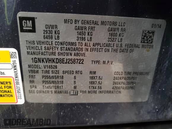 2014 Chevrolet Traverse LT с VIN 1GNKVHKD8EJ258722, выставлен на аукционе Copart как лот 87105435 с пробегом 122 405 миль миль и Чистый • Clean title. История ставок и продаж доступна на DreamBid. Изображение 13.