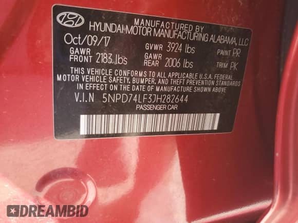 2018 Hyundai Elantra SE с VIN 5NPD74LF3JH282644, выставлен на аукционе Copart как лот 71913985 с пробегом 86 570 миль миль и Списание • Salvage title. История ставок и продаж доступна на DreamBid. Изображение 13.