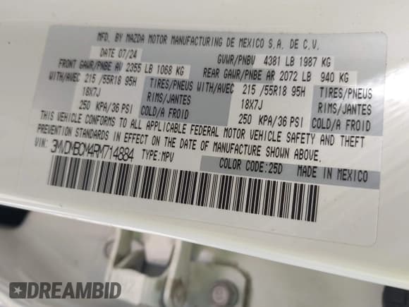 ✅ 2024 Mazda CX-30 S Preferred • VIN: 3MVDMBCM4RM714884 • Лот: 42258447. Опубликован ранее на IAAI с пробегом 8 543 миль. Бесплатный доступ к архиву аукционных продаж из США и подробный отчёт об истории автомобиля на DreamBid. Изображение 9.