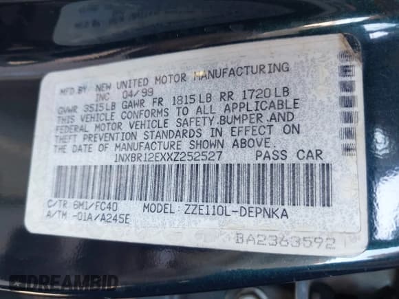 ✅ 1999 Toyota Corolla CE • VIN: 1NXBR12EXXZ252527 • Lot: 43668301. Listed on IAAI with 134,473 mi. Free auction sales archive from the USA and detailed vehicle history report at DreamBid. Image 9.