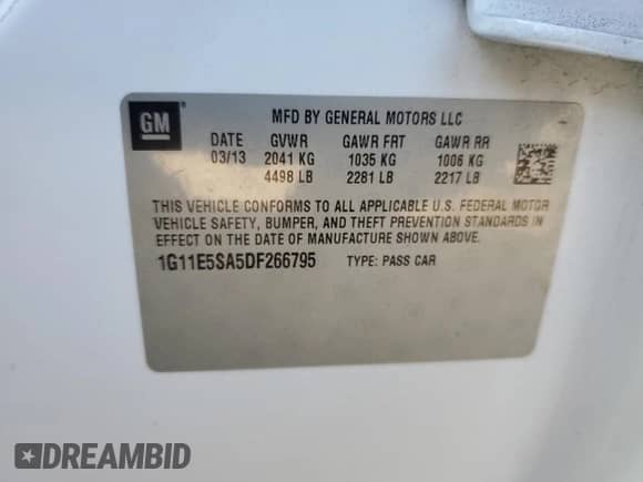 ✅ 2013 Chevrolet Malibu LT • VIN: 1G11E5SA5DF266795 • Lot: 44425324. Listed on Copart with 100,256 mi miles. Access the free auction sales archive from the USA and view a detailed vehicle history report at DreamBid. Image 12.