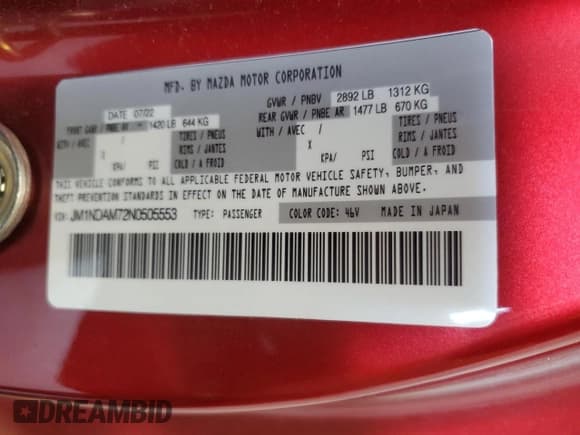 ✅ 2022 Mazda MX-5 Miata Grand Touring • VIN: JM1NDAM72N0505553 • Lot: 62315035. Wystawiony na Copart z przebiegiem 4 229 mil. Bezpłatny archiwum sprzedaży aukcyjnych z USA i szczegółowy raport historii pojazdu na DreamBid. Zdjęcie 12.