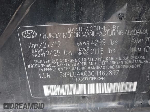 ✅ 2012 Hyundai Sonata GLS • VIN: 5NPEB4AC3CH462897 • Lot: 43481441. Listed on IAAI with 167,870 mi. Free auction sales archive from the USA and detailed vehicle history report at DreamBid. Image 9.