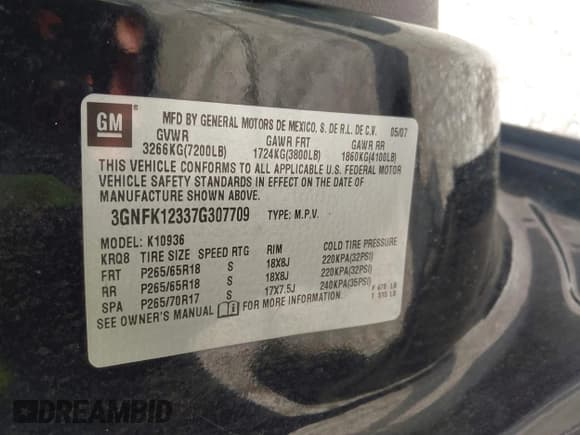 ✅ 2007 Chevrolet Avalanche 1LT • VIN: 3GNFK12337G307709 • Lot: 42678735. Listed on IAAI with 182,038 mi. Free auction sales archive from the USA and detailed vehicle history report at DreamBid. Image 9.