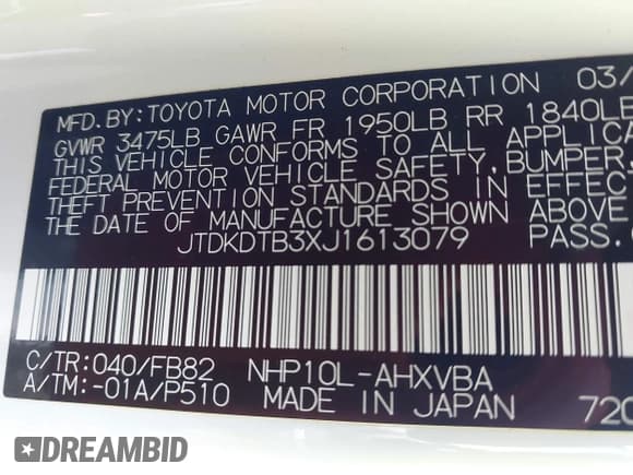 ✅ 2018 Toyota Prius One • VIN: JTDKDTB3XJ1613079 • Lot: 42054108. Listed on IAAI with 43,440 mi. Free auction sales archive from the USA and detailed vehicle history report at DreamBid. Image 9.