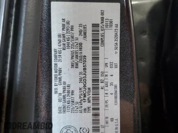 2018 Ford Escape SE с VIN 1FMCU9GD3JUB57039, выставлен на аукционе Copart как лот 65642995 с пробегом 154 325 миль миль и Списание • Salvage title. История ставок и продаж доступна на DreamBid. Изображение 13.