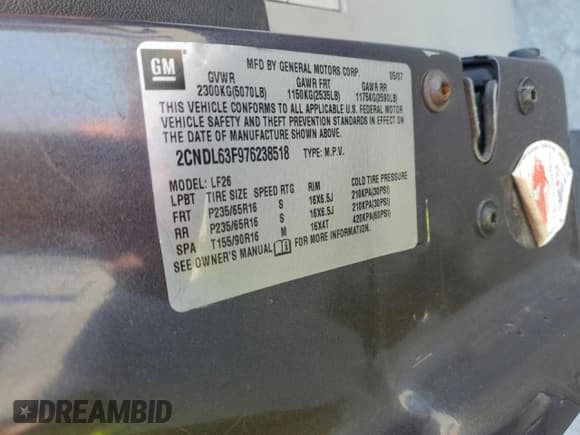 ✅ 2007 Chevrolet Equinox LT • VIN: 2CNDL63F976238518 • Lot: 90070815. Listed on Copart with 256,203 mi. Free auction sales archive from the USA and detailed vehicle history report at DreamBid. Image 13.