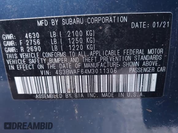 ✅ 2021 Subaru Legacy Premium • VIN: 4S3BWAF64M3011306 • Lot: 43640393. Listed on IAAI with 41,899 mi. Free auction sales archive from the USA and detailed vehicle history report at DreamBid. Image 9.