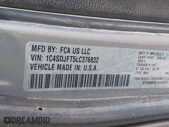 ✅ 2020 Dodge Durango Pursuit • VIN: 1C4SDJFT5LC376832 • Lot: 42651418. Listed on IAAI with 113,796 mi. Free auction sales archive from the USA and detailed vehicle history report at DreamBid. Image 9.