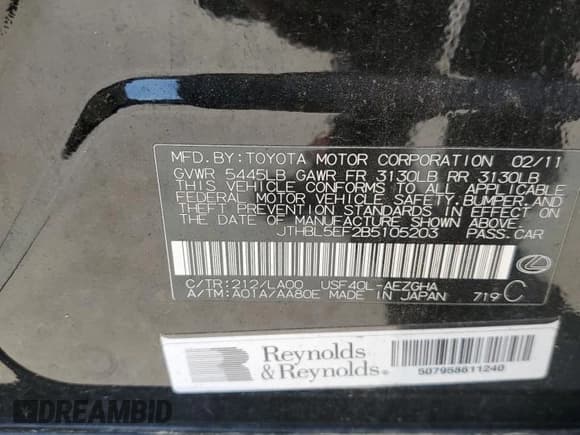 ✅ 2011 Lexus LS 460 • VIN: JTHBL5EF2B5105203 • Lot: 53115005. Listed on Copart with 171,056 mi. Free auction sales archive from the USA and detailed vehicle history report at DreamBid. Image 14.