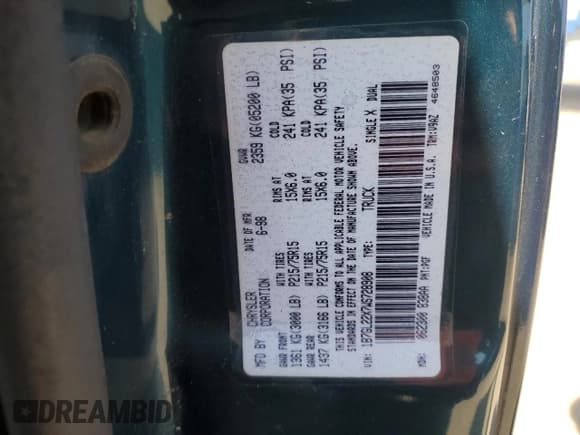 ✅ 1998 Dodge Dakota SLT • VIN: 1B7GL22X7WS728908 • Lot: 69151575. Listed on Copart with 120,607 mi. Free auction sales archive from the USA and detailed vehicle history report at DreamBid. Image 12.