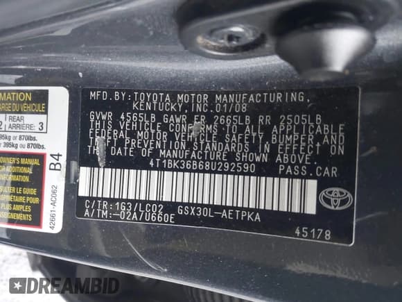 ✅ 2008 Toyota Avalon Limited • VIN: 4T1BK36B68U292590 • Lot: 43625965. Listed on IAAI with 171,897 mi. Free auction sales archive from the USA and detailed vehicle history report at DreamBid. Image 9.