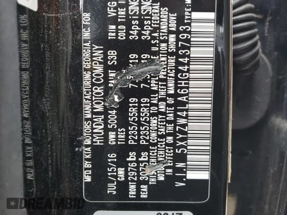 ✅ 2017 Hyundai Santa Fe Ultimate • VIN: 5XYZW4LA6HG443793 • Лот: 45515864. Опубликован ранее на Copart с пробегом 94 968 миль. Бесплатный доступ к архиву аукционных продаж из США и подробный отчёт об истории автомобиля на DreamBid. Изображение 14.