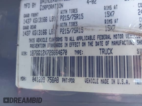 ✅ 2002 Dodge Dakota • VIN: 1B7GG12X72S664670 • Lot: 41334622. Wystawiony na IAAI z przebiegiem Nie podano. Bezpłatny archiwum sprzedaży aukcyjnych z USA i szczegółowy raport historii pojazdu na DreamBid. Zdjęcie 9.