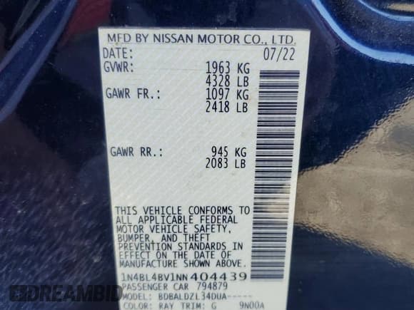 ✅ 2022 Nissan Altima S • VIN: 1N4BL4BV1NN404439 • Lot: 85939495. Listed on Copart with 76,003 mi. Free auction sales archive from the USA and detailed vehicle history report at DreamBid. Image 12.