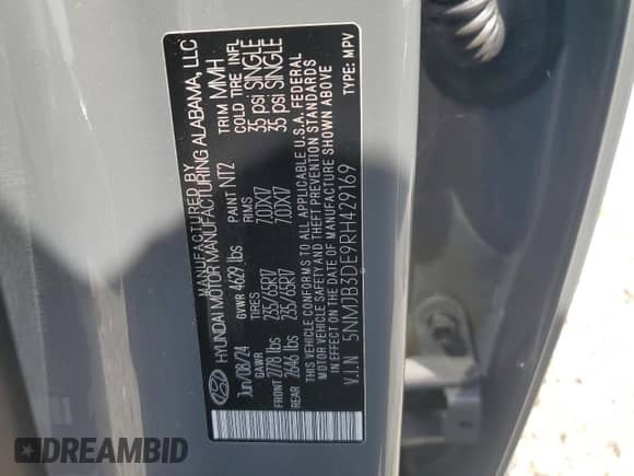 2024 Hyundai Tucson SEL with VIN 5NMJB3DE9RH429169, listed as a Copart auction lot 81207335 with 35,238 mi miles and Clean title. Bid and sale history available at DreamBid. Image 13.