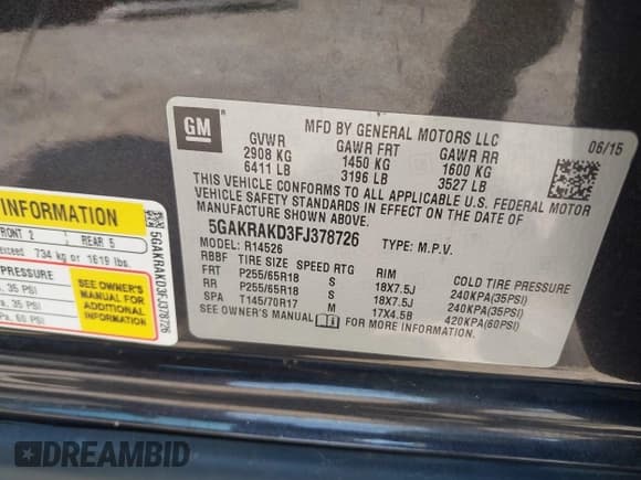 ✅ 2015 Buick Enclave Convenience • VIN: 5GAKRAKD3FJ378726 • Lot: 42392888. Listed on IAAI with 136,749 mi. Free auction sales archive from the USA and detailed vehicle history report at DreamBid. Image 9.
